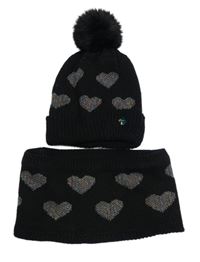 2Set - Černá čepice se srdíčky a bambulí + nákrčník George