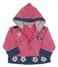 Ružovo-modrá šusťákovo/riflová jarná bunda so želvičkou a motýlkom a kvetmi a kapucňou Tom Kids