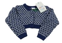 Nové - tmavomodro-bílé vzorované vlněné propínací bolérko miniclub