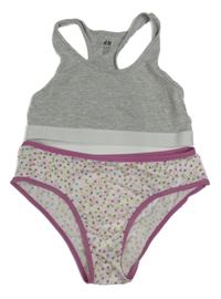 2Set - Šedo/bílá lambáda s písmenky H&M + bílo/růžovofialové kalhotky s květy 