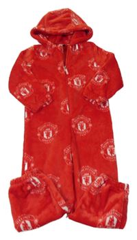 Červená plyšová fotbalová kombinéza Manchester United a kapucňou