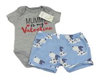 2set - Šedé melírované body s nápisem + modré bavlněné kraťasy se psy