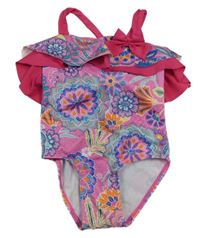 Ružovo-farebné kvetované jednodielne plavky s volánikmi a mašlou Monsoon