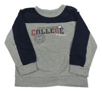 Sivo-tmavomodrá mikina s nápisom a mačkou