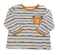 Bílo-modro-oranžové pruhované triko s kapsou s medvědem Manguun