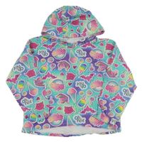 Tyrkysovo-fialová mikina s obrázkami a kapucňou