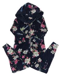 Tmavomodrá kvetovaná plyšová kombinéza s vtáčky a kapucňou Baker