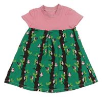 Ružovo-zelené bavlnené šaty so zvířaty a stromami