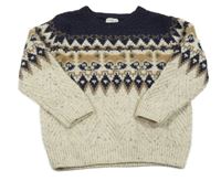 Béžovo-tmavomodrý svetr se vzorem F&F