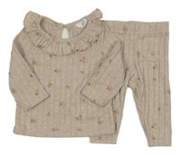 2set - Béžové žebrované květované úpletové triko s límečkem + legíny Primark