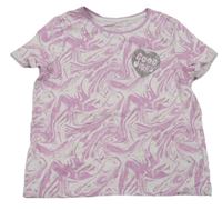 Růžovo-bílé batikované tričko se stříbrným srdíčkem s nápisy PRIMARK