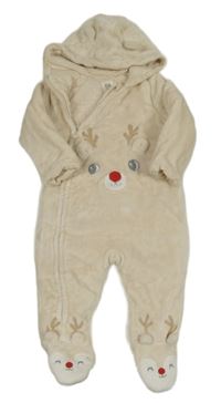 Smotanová plyšová podšitá kombinéza so sobom a kapucňou C&A