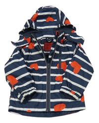 Tmavomodro-bílá pruhovaná šusťáková jarní bunda se srdíčky a kapucí Pocopiano