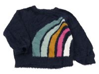 Tmavomodrý chlpatý sveter s dúhou