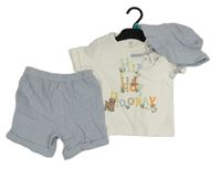 3set - bílé tričko s nápisem a zvířátky + modré mušelínové kraťasy + modrý mušelínový klobouk 