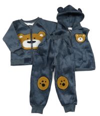 3set - Šedomodrá plyšová propínací mikina s medvídkem + vesta s kapucí + tepláky 