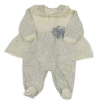 Světlešedo-bílý sametový overal s tylovým prvkem a 3D květem 