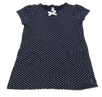 Tmavomodro-biele bodkovaná é šaty s mašlou