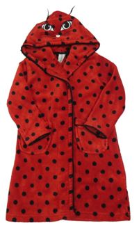 Červeno-čierny bodkovaná ý plyšový župan s kapucí - mačička