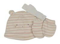 Nové - 2set - Světlerůžovo-bílá pruhovaná čepice s čumákem + pruhované rukavice Mothercare