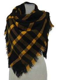 Dámská černo-okrová kostkovaná roztřepená šála