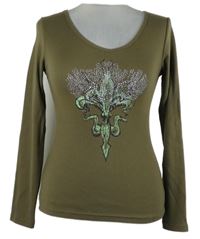 Dámské khaki žebrované triko s potiskem a kamínky Passiontex 