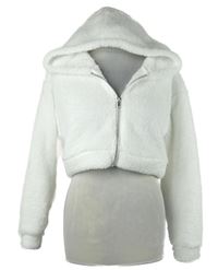 Dámská bílá chlupatá crop bunda s kapucí 