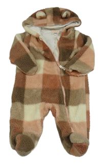 Ružovo-hnedo-biela kockovaná huňatá podšitá kombinéza s kapucňou Mantaray