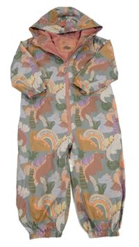 Khaki šušťáková podšitá kombinéza s dinosaurami a kapucňou Next