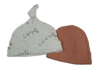 2 x čepice - šedá melírovaná s nápisy + hnědorůžová žebrovaná 
