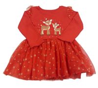 Nové  - Červené teplákovo/tylové šaty se soby a vločkami Dunnes stores