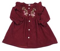 Vínové rebrované šaty s kvetmi a volánikmi Shein