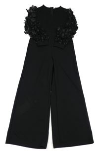 Čierny culottes overal s tylem a kvetmi Shein