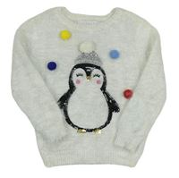 Biely chlpatý sveter s tučňákem s bambulkami Primark