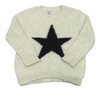 Smotanový chlpatý sveter s hviezdou a flitrami C&A