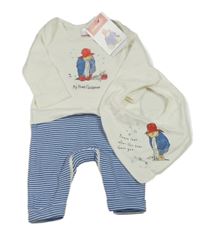 Nové - 2set - Bílo-pruhovaný overal + bryndák s Paddingtonem