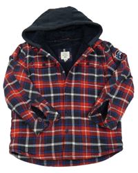 Červeno-tmavomodro-biela kockovaná flanelová zateplená košeľová bunda s kapucňou Lily & Dan