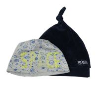 2x - Tmavomodrá sametová + šedá bavlněná čepice s vesmírem Huho Boss