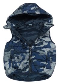 Tmavomodro-šedá šusťáková army prošívaná zateplená vesta s kapucí Little kids