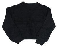 Čierny rebrovaný chlpatý crop sveter so trblietkami Candy Couture