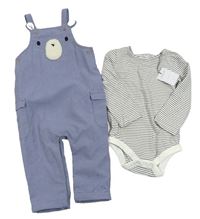 2Set - Modrošedé cargo manšestrové laclové kalhoty s medvídkem + bílo/černé pruhované body Tu