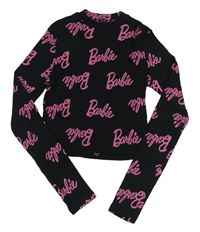 Čierne rebrované crop tričko s růžovými logy - Barbie zn. H&M
