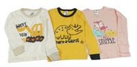 3x - Pyžamové triko - Bílo/světlebéžové s buldozerem, tmavožluto/černé s dinosaurem, světlerůžové so zvieratkami Gerber