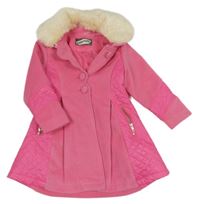 Ružový flaušovo/šusťákový podšitý kabát s kožušinovým golierikom