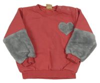 Jahodovo-sivá teplákovo/chlupatá tepláková mikina so srdiečkom