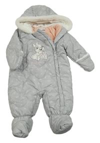 Nové - šedá prošívaná šusťáková zimní kombinéza se zajíčkem Thumperem a kapucí s kožešinou C&A