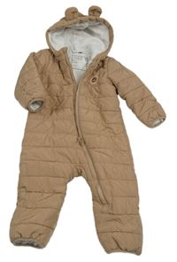 Svetlohnedá prešívaná šušťáková zimná kombinéza s medvedíkom a kapucňou s uškami dopodopo