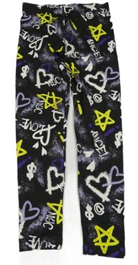 Černo-fialové legíny s graffiti nápisy a srdíčky PRIMARK