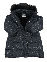 Černý vzorovaný prošívaný šusťákový zimní kabát s kapucí s kožešinou George
