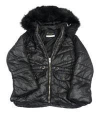 Černá prošívaná šusťáková zimní parka s kapucí s kožešinou RIVER ISLAND